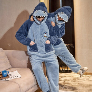 Soft Blue Shark Fluffy Pyjama 1-Piece Set-Enchanted peach