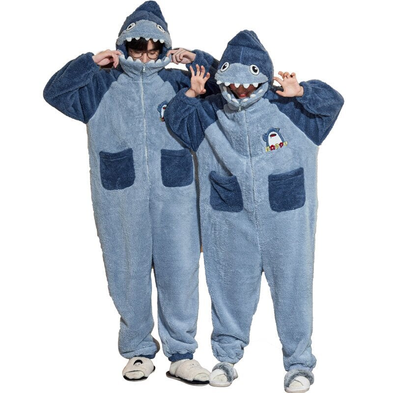 Soft Blue Shark Fluffy Pyjama 1-Piece Set-Enchanted peach