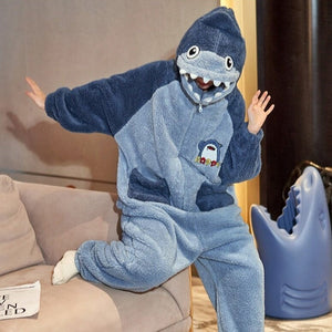 Soft Blue Shark Fluffy Pyjama 1-Piece Set-Enchanted peach