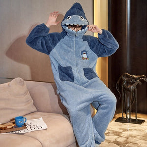 Soft Blue Shark Fluffy Pyjama 1-Piece Set-Enchanted peach