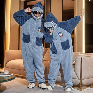 Soft Blue Shark Fluffy Pyjama 1-Piece Set-Enchanted peach