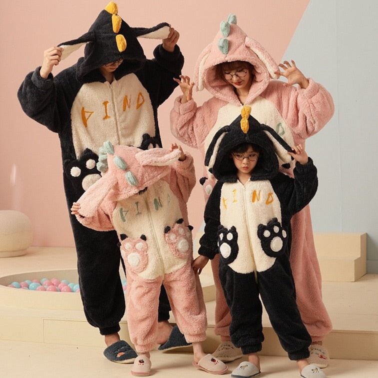 Soft Dinosaur Family Fluffy Pyjama 1-Piece Set-Enchanted peach