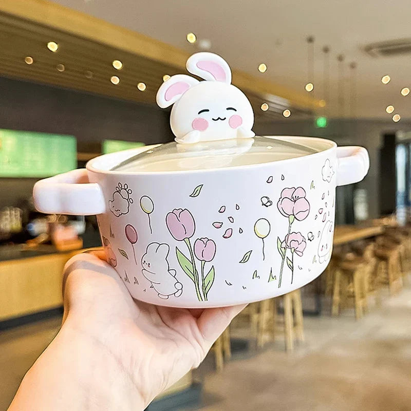 Spring Bunny Jumbo Ceramic Ramen Bowl With Lid-Enchanted peach