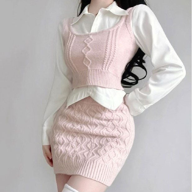 Spring Pink Elegant Knitted Tank and Skirt Three-piece Set-Enchanted peach