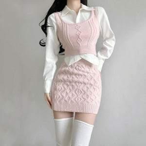 Spring Pink Elegant Knitted Tank and Skirt Three-piece Set-Enchanted peach