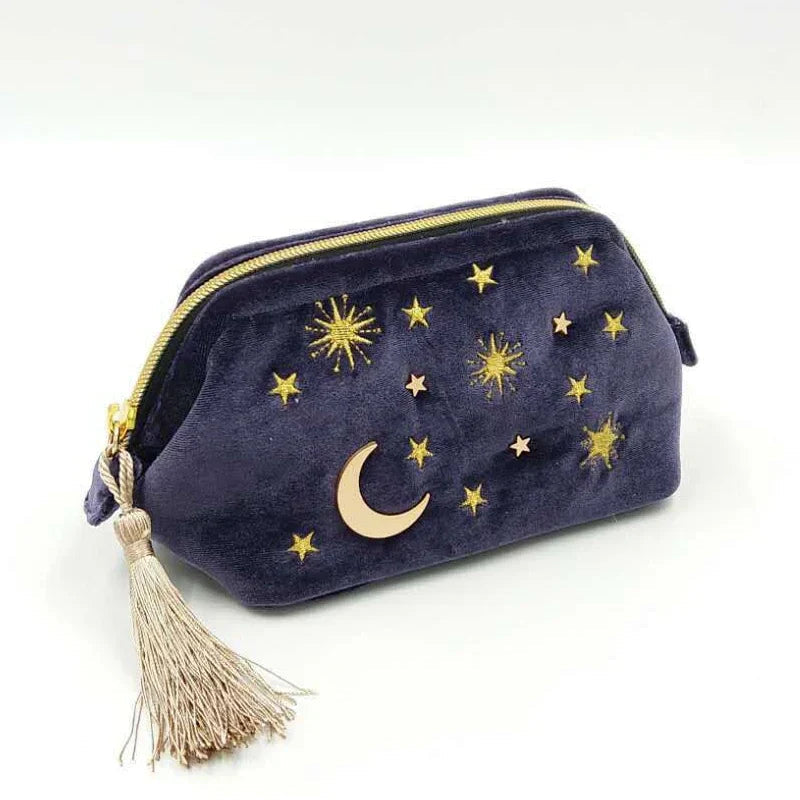 Starry Night Velvet Embroidery Cosmetic Travel Makeup Bag-Enchanted peach