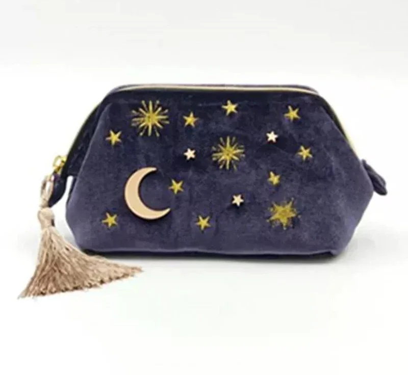 Starry Night Velvet Embroidery Cosmetic Travel Makeup Bag-Enchanted peach