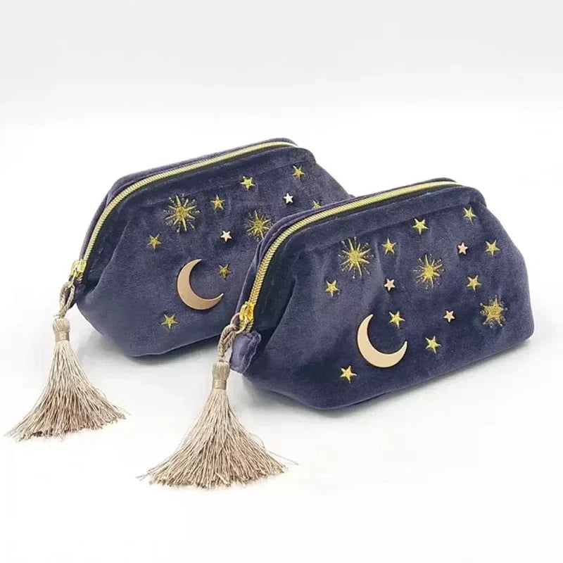 Starry Night Velvet Embroidery Cosmetic Travel Makeup Bag-Enchanted peach