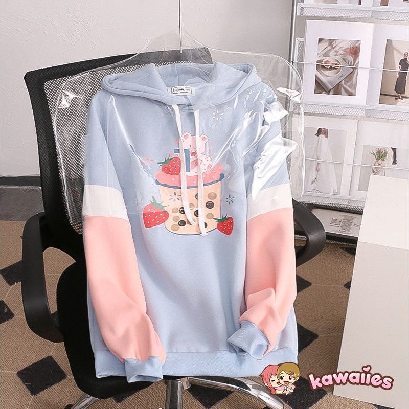 Strawberry Shake Bubble Tea White Cream Fleece Hoodies-Enchanted peach