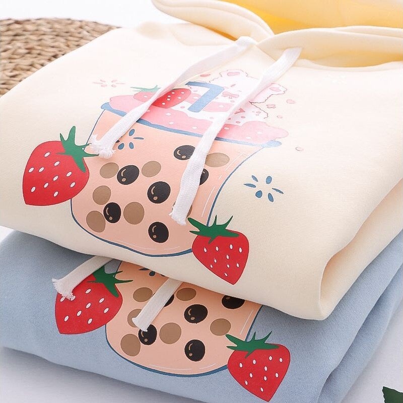 Strawberry Shake Bubble Tea White Cream Fleece Hoodies-Enchanted peach