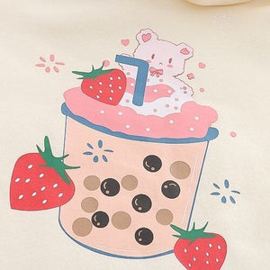 Strawberry Shake Bubble Tea White Cream Fleece Hoodies-Enchanted peach