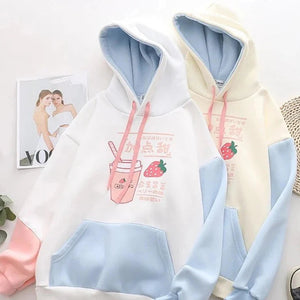 Strawberry Shake Bubble Tea White Cream Fleece Hoodies-Enchanted peach