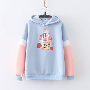 Strawberry Shake Bubble Tea White Cream Fleece Hoodies-Enchanted peach