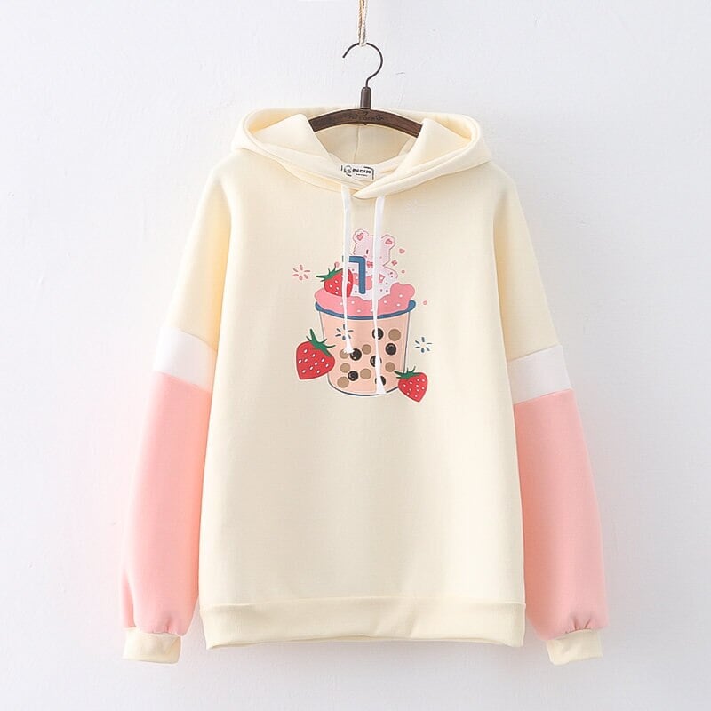 Strawberry Shake Bubble Tea White Cream Fleece Hoodies-Enchanted peach