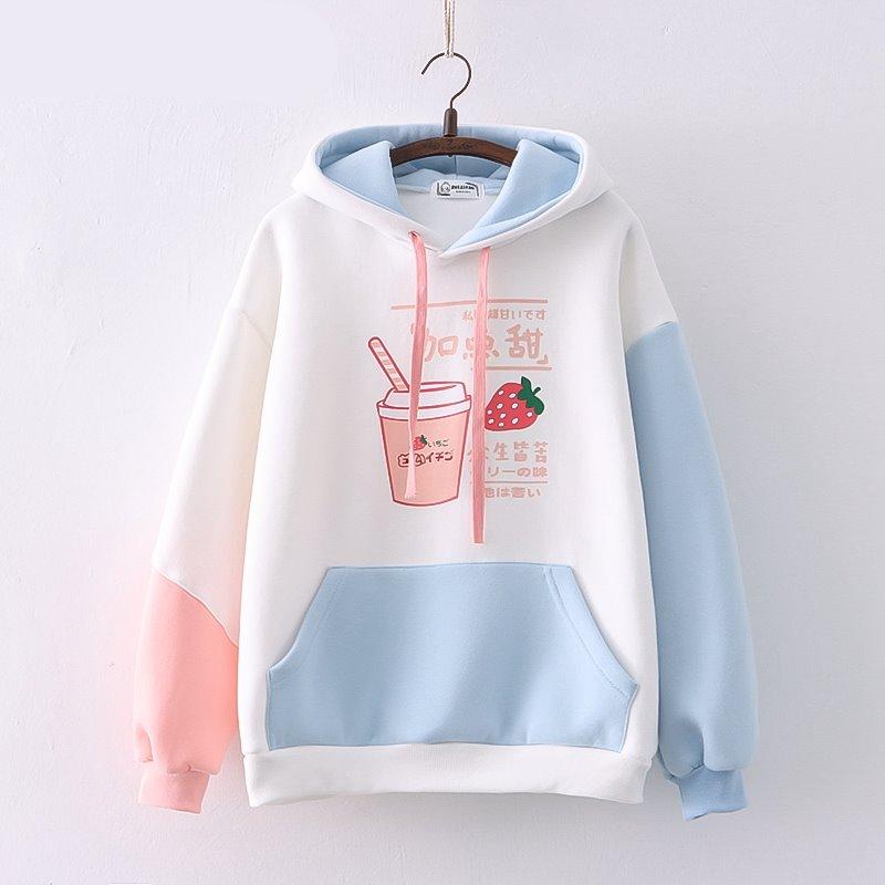 Strawberry Shake Bubble Tea White Cream Fleece Hoodies-Enchanted peach