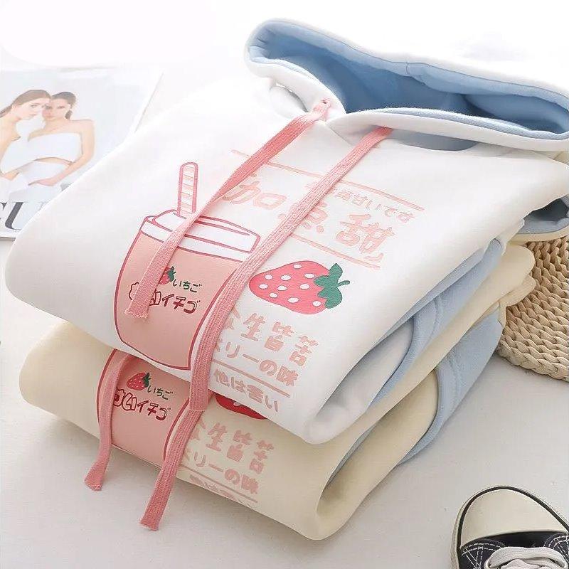 Strawberry Shake Bubble Tea White Cream Fleece Hoodies-Enchanted peach