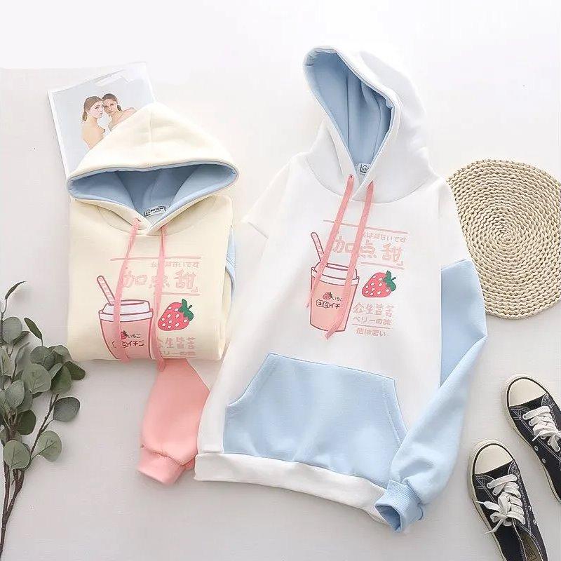 Strawberry Shake Bubble Tea White Cream Fleece Hoodies-Enchanted peach