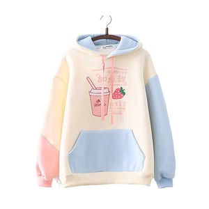 Strawberry Shake Bubble Tea White Cream Fleece Hoodies-Enchanted peach