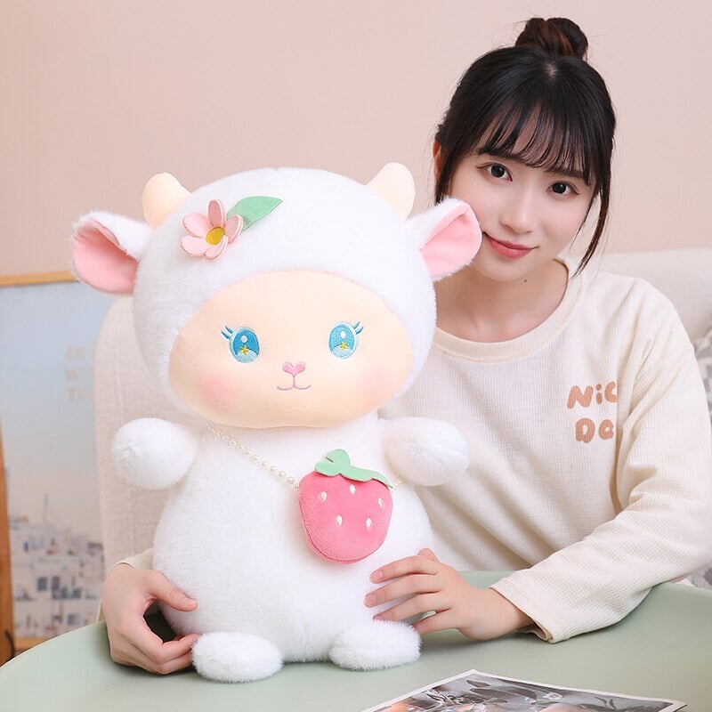 Strawberry White Pink Sheep Lamb Plushie-Enchanted peach