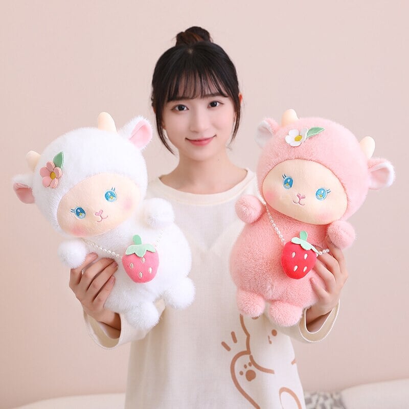 Strawberry White Pink Sheep Lamb Plushie-Enchanted peach