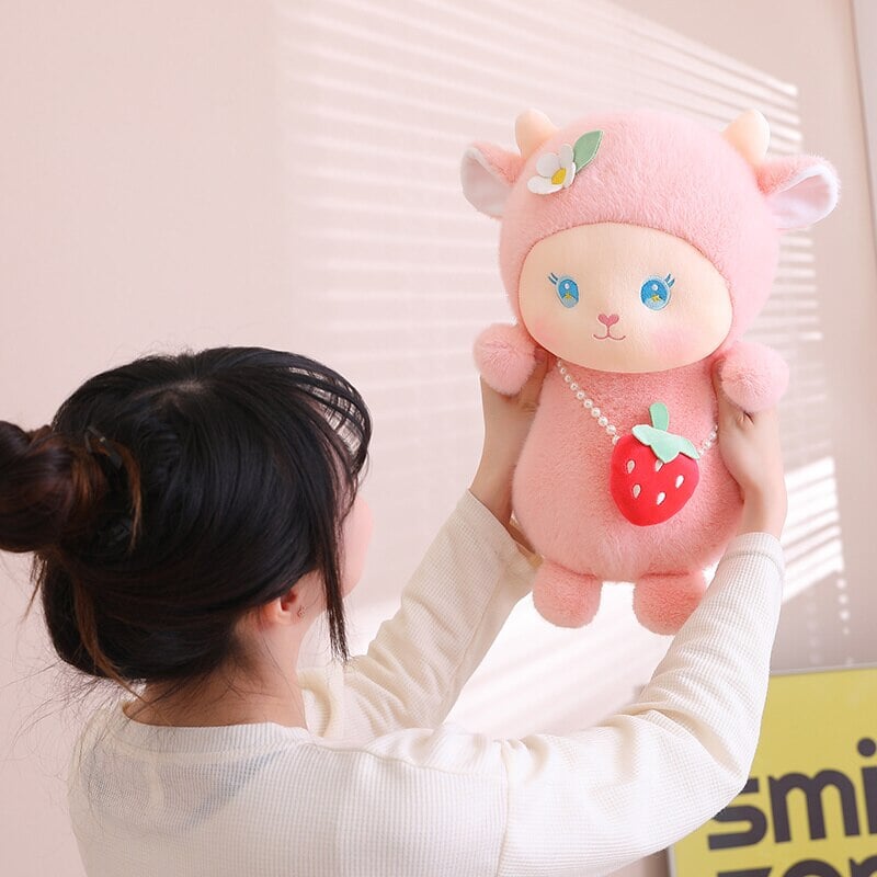 Strawberry White Pink Sheep Lamb Plushie-Enchanted peach