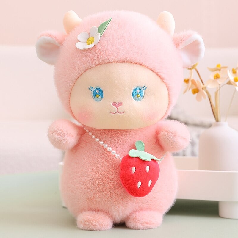 Strawberry White Pink Sheep Lamb Plushie-Enchanted peach