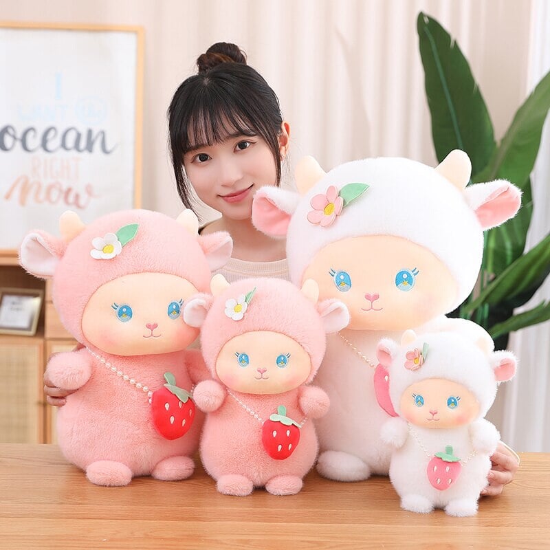 Strawberry White Pink Sheep Lamb Plushie-Enchanted peach