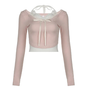 Sweet Pink Harajuku Style Slim-fit Laced Women's Top-Enchanted peach