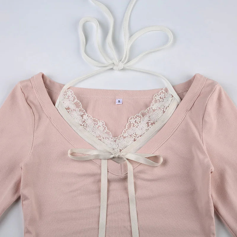 Sweet Pink Harajuku Style Slim-fit Laced Women's Top-Enchanted peach