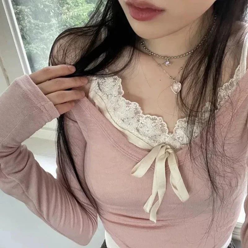 Sweet Pink Harajuku Style Slim-fit Laced Women's Top-Enchanted peach