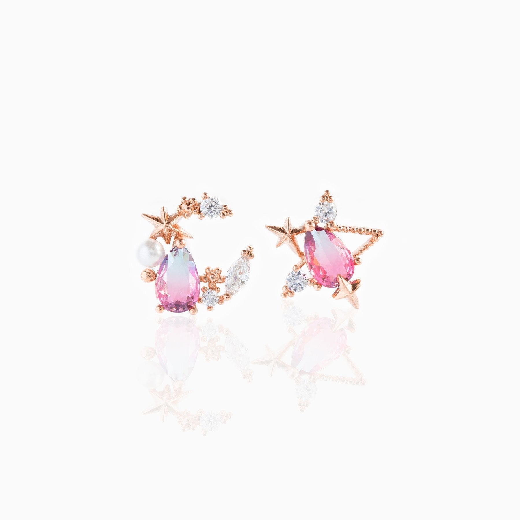 Teardrop Stars Moon Gold-Plated Stud Earrings-Enchanted peach