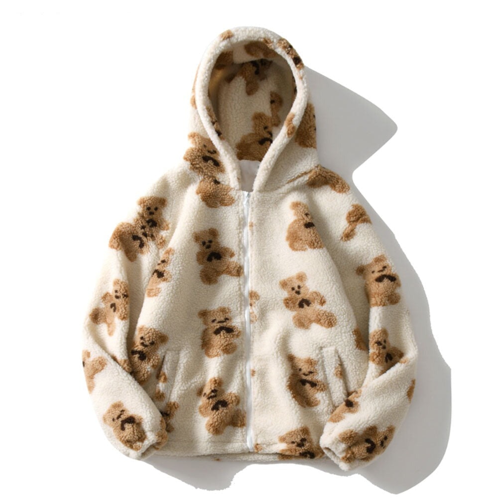 Teddy Bear Fleece Hooded Zip-up Jacket-Enchanted peach