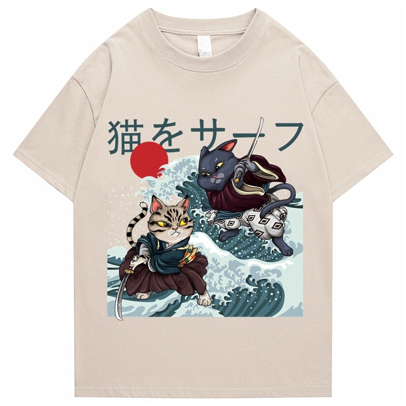 Two Samurai Cats Battling on Waves Unisex Tee-Enchanted peach