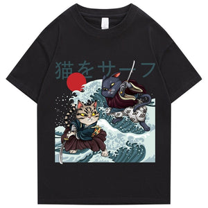 Two Samurai Cats Battling on Waves Unisex Tee-Enchanted peach