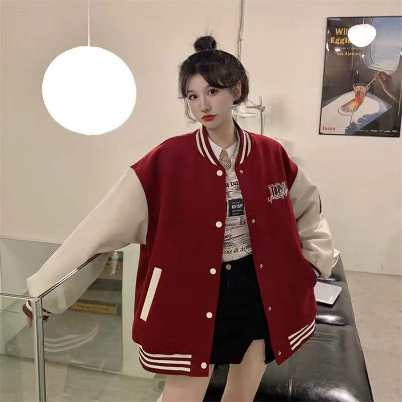 'Unspecified' Six Patch Striped Burgundy Brown Women's Varsity Jacket-Enchanted peach