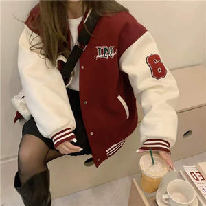 'Unspecified' Six Patch Striped Burgundy Brown Women's Varsity Jacket-Enchanted peach