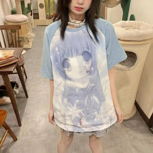 White Anime Washed Blue Girl Two-tone Women's Tee-Enchanted peach