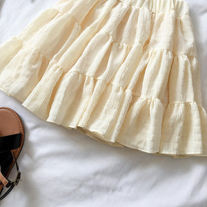 White Beige Ruffles Elastic High Waist Mini Skirt-Enchanted peach