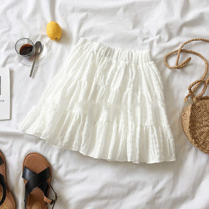 White Beige Ruffles Elastic High Waist Mini Skirt-Enchanted peach