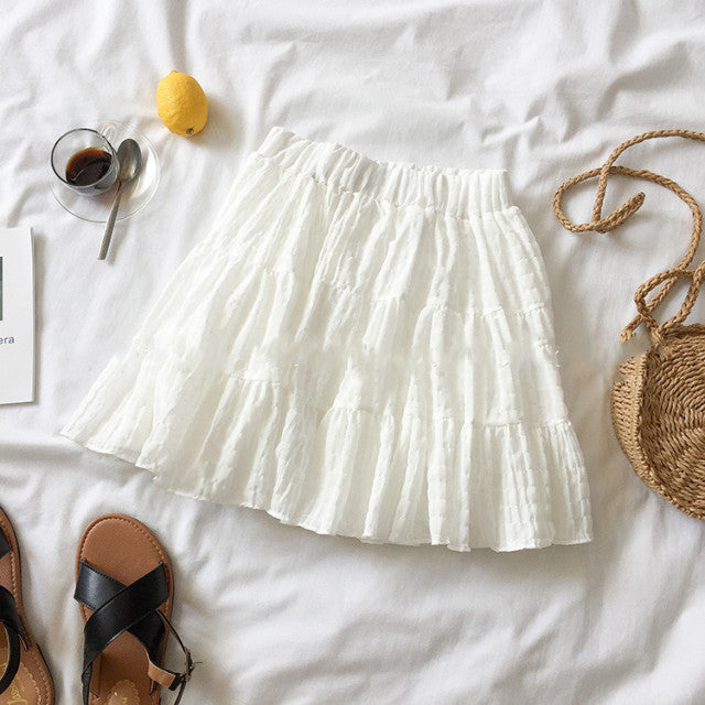 White Beige Ruffles Elastic High Waist Mini Skirt-Enchanted peach