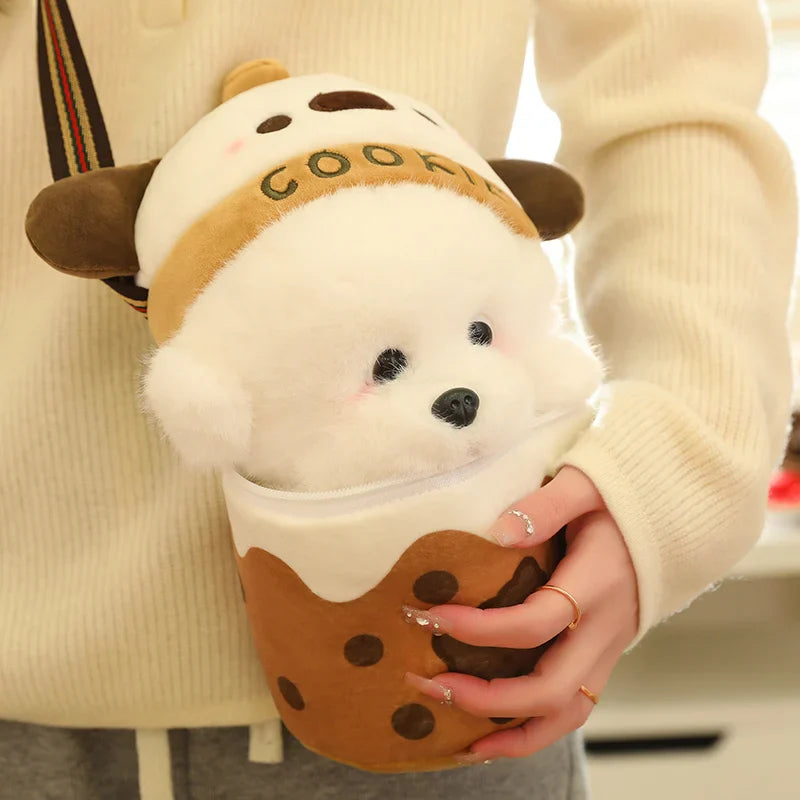 White Bichon Frisé Plushie Bubble Tea Cookie Bag-Enchanted peach