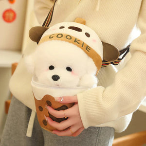 White Bichon Frisé Plushie Bubble Tea Cookie Bag-Enchanted peach