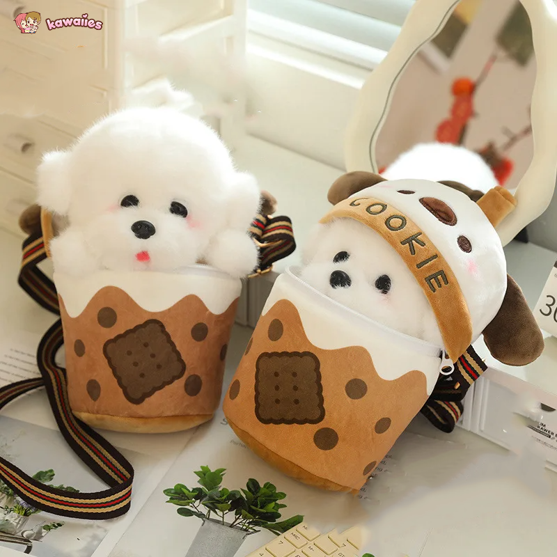 White Bichon Frisé Plushie Bubble Tea Cookie Bag-Enchanted peach