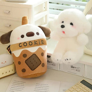 White Bichon Frisé Plushie Bubble Tea Cookie Bag-Enchanted peach