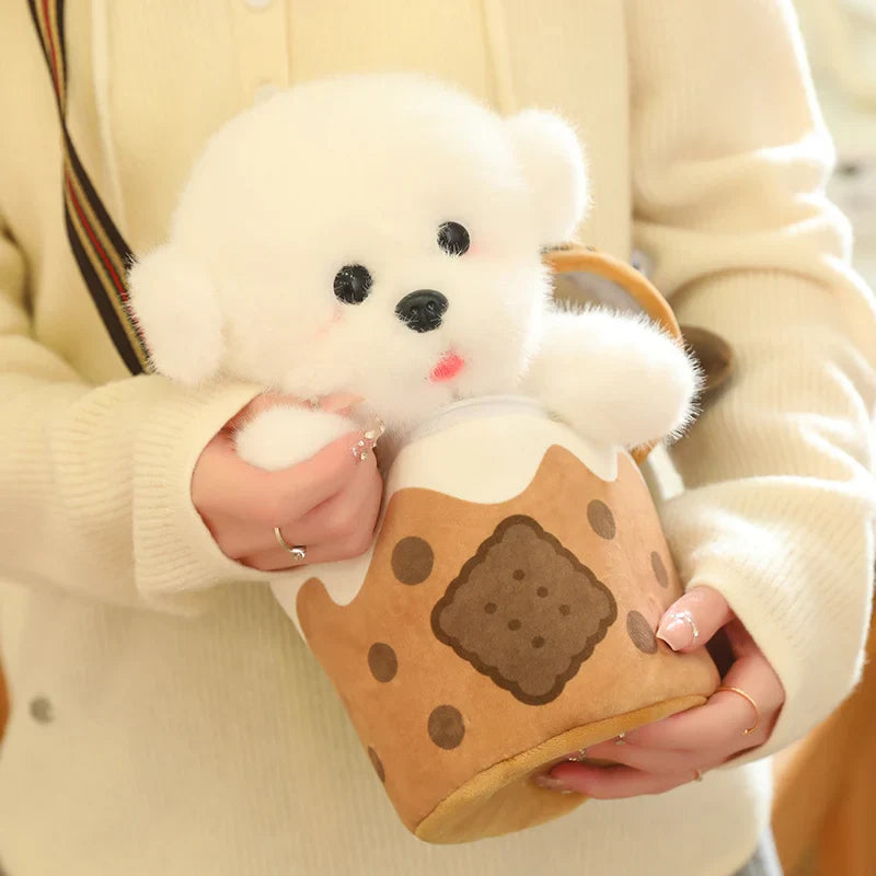 White Bichon Frisé Plushie Bubble Tea Cookie Bag-Enchanted peach