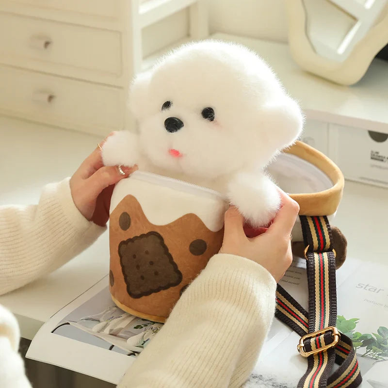 White Bichon Frisé Plushie Bubble Tea Cookie Bag-Enchanted peach