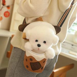 White Bichon Frisé Plushie Bubble Tea Cookie Bag-Enchanted peach