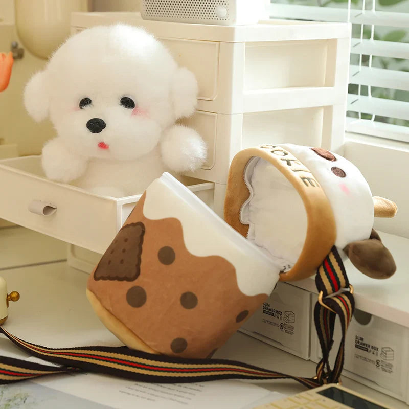 White Bichon Frisé Plushie Bubble Tea Cookie Bag-Enchanted peach