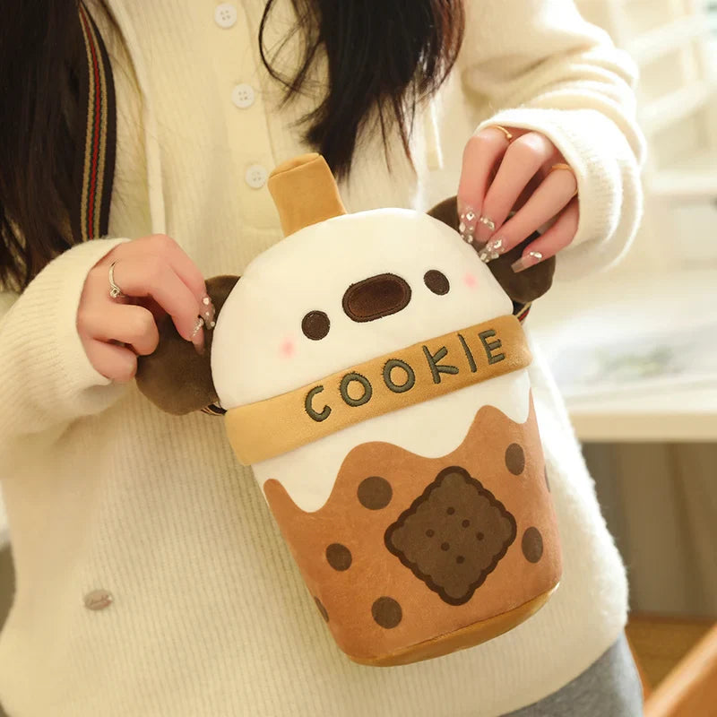 White Bichon Frisé Plushie Bubble Tea Cookie Bag-Enchanted peach