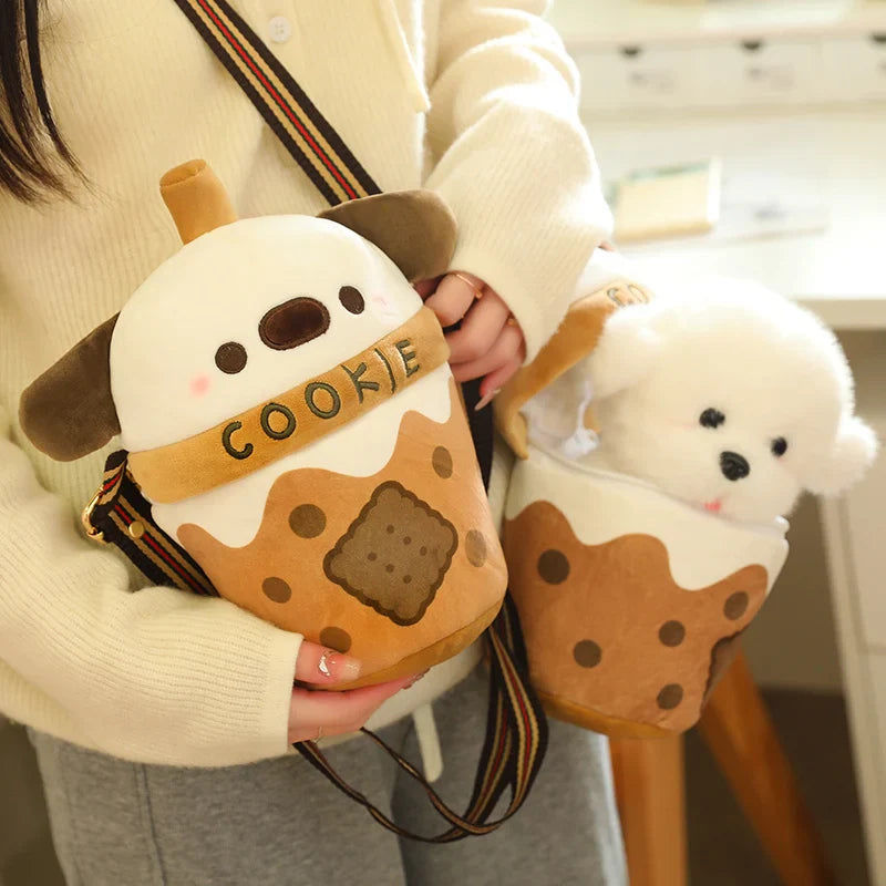 White Bichon Frisé Plushie Bubble Tea Cookie Bag-Enchanted peach